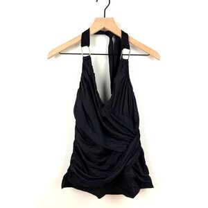 SPANX Halter Swimsuit Top Ruched Twist Front‎ Black Gold Accents Size 14